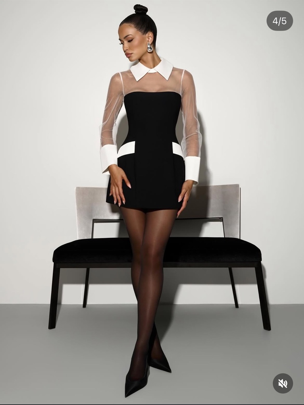 Naked wardrobe Black White Mini with Sheer chiffon Panel cuff Sleeve Sz small - Picture 2 of 8